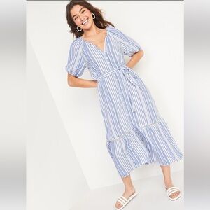 EUC Old Navy Dobby-Stripe Tie-Belt Shirt Dress Blue White Midi Maxi Size Medium
